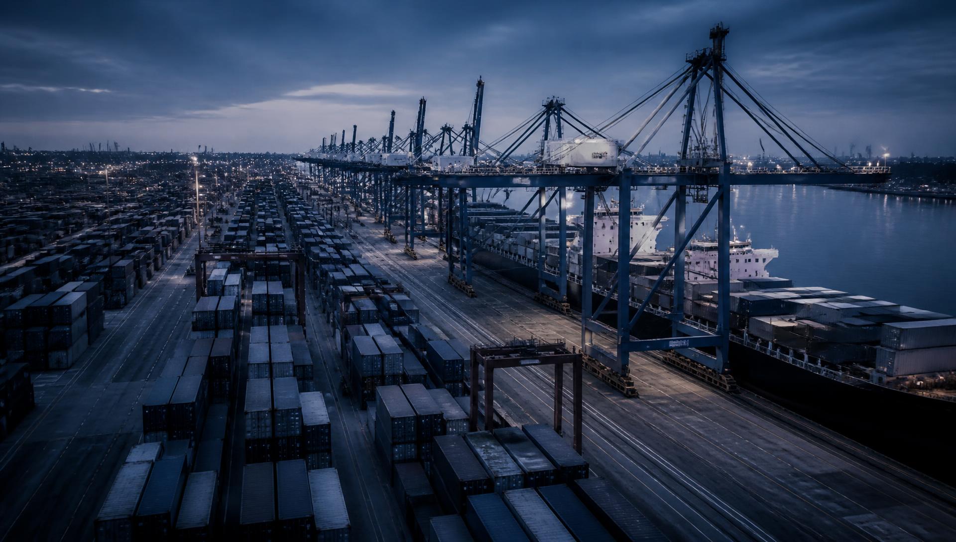 Container terminal at blue hour with gantry cranes and a berthed container vessel